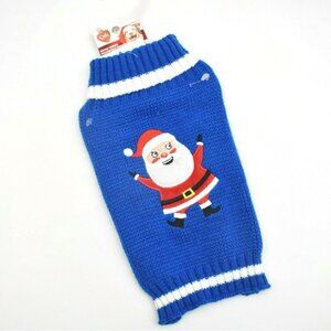 Dog Knit Sweater Coat XS  Embroidered and Applique Santa Claus Blue and White Ne